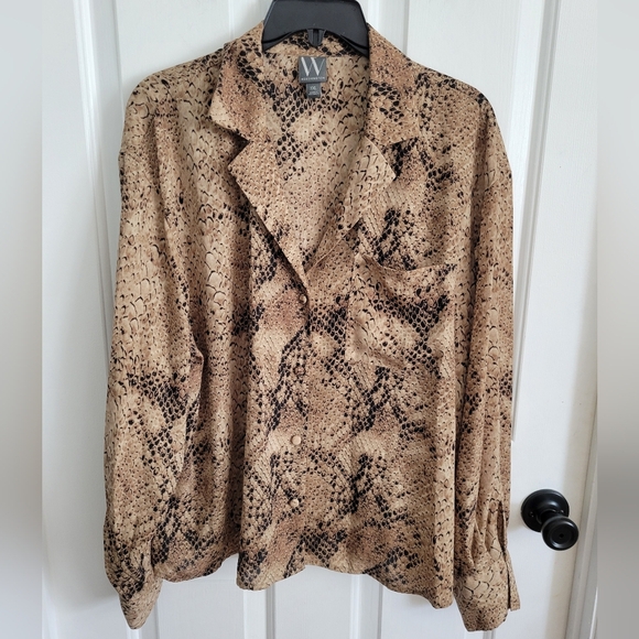 NWT Worthington Tan Black Snakeprint Long Sleeve Front Button Blouse Size XXL - Picture 1 of 7